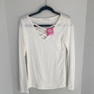 Chic White Long Sleeve Top with Criss-Cross Detail